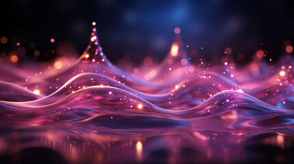Abstract wallpaper with waves and particles. Purple colour and bokeh for background.