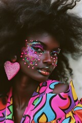 Naklejka premium Fashion portrait of a model with creative makeup showcasing bright colors and distinctive style