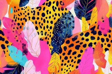 Vibrant abstract design with jungle leaves and leopard spots in a lively color palette