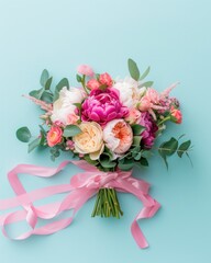 A stunning vibrant bouquet of mixed flowers adorned with a large pink bow, elegantly presented