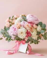 Soft pastel bouquet of roses and peonies tied with a ribbon and featuring a blank tag for a message