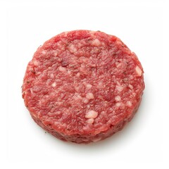 Top view of raw ground beef burger patty on white background