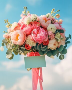 Lush bouquet of flowers in vibrant colors with a blue card tag hanging on a pink ribbon against a sky backdrop