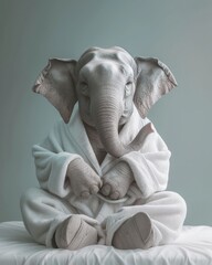 Whimsical image of a realistic elephant sitting with crossed legs, dressed in a fluffy white bathrobe