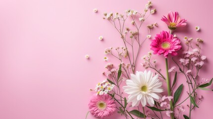 An elegant arrangement of fresh flowers with vibrant colors against a soft pink background