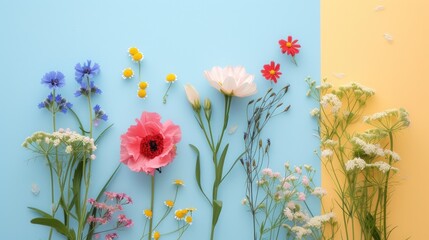 A creative explosion of colorful flowers on a blue and yellow divided background