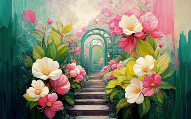Serene garden scene on a vibrant pink floral background. Where delicate blossoms sway in the breeze, creating a symphony of colors and fragrances.