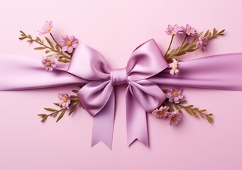 A purple ribbon with flowers on a pink background