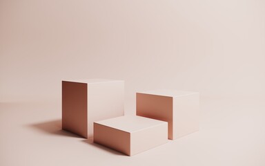 Beige podium, minimalistic showcase 3D render. Aesthetic elegant background for advertising and presentation of products, cosmetics. Arch frame, geometric display.