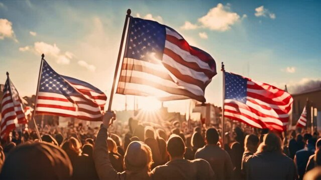 people waving American flag american flag Patriots of America. Banner.