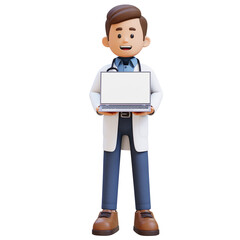 3D Doctor Character Holding Laptop with Empty Screen. Suitable for Medical content