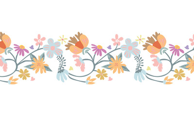 Hand drawn abstract colorful seamless flower borders.for clothing, fabric, background, wallpaper, wrapping, batik. knitwear, pixel pattern, embroidery style. vector texture.