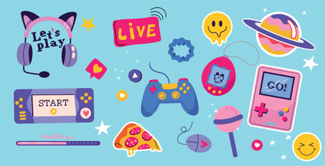 Set of Video game stickers. Vintage gamer assets with pixel  icons, cartoon flat style. Vector gaming modern elements: headphones, game console, controller, joystick © m_matvi