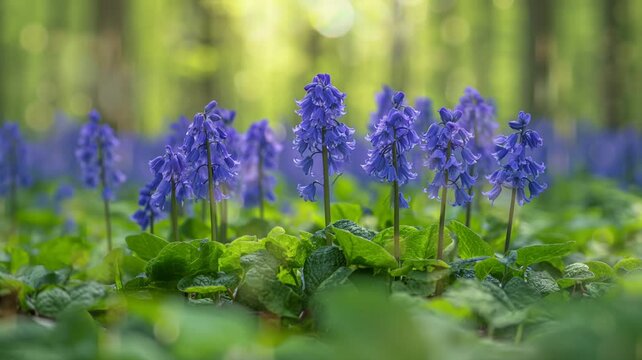 Bluebells are a type of flower plant that is not easy to find. These brightly colored plants appear in British woodlands from late April to late May, looping video