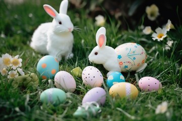 Fototapeta premium Happy Easter background, Easter eggs scene, Easter bunny ears with easter eggs, Easter poster background template with Easter eggs in the nest, Easter party concept.