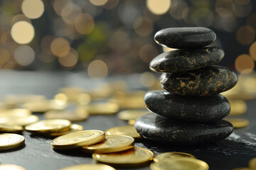 Stack of zen stones on the table with pile of golden coins