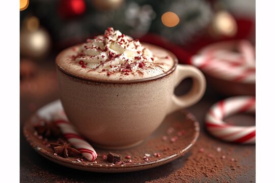 Holiday Cheer A Cinnamon-Flavored Coffee Drink with Whipped Cream and Candy Cane Toppings Generative AI