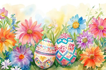 Obraz na płótnie Canvas Floral Easter Eggs in Watercolor Garden. Watercolor Easter eggs among a lush backdrop of painted spring flowers.
