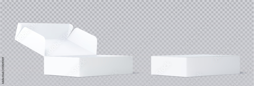 Poster white closed and open cardboard box mockup top angle view. realistic vector illustration set of blan