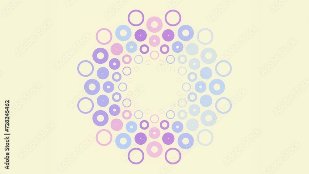 Aufkleber Circular pattern of many moving neon circles. 3d rendering loop animation 4K
