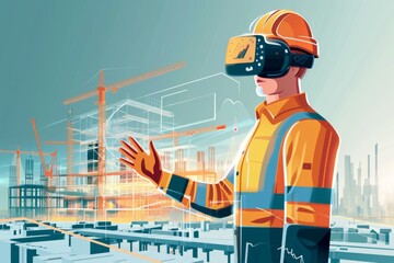 Fototapeta premium Project Manager with VR on Construction Blueprint. Construction manager uses VR to interact with virtual blueprint.