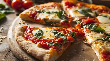 Fresh Margherita Pizza on Dark Wooden Table. A freshly baked Margherita pizza with vibrant basil leaves on a rustic dark wooden background.