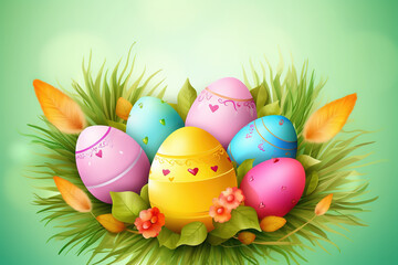 Fototapeta na wymiar Happy Easter background, Easter eggs scene, Easter bunny ears with easter eggs, Easter poster background template with Easter eggs in the nest, Easter party concept.
