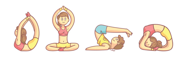 People Character Yoga Practice Do Physical Exercises Vector Set