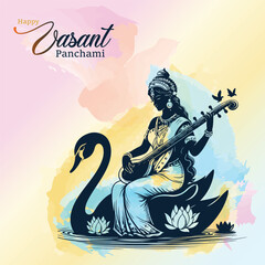 Happy Vasant Panchami Goddess Saraswati with Religious Festival Background. poster, banner, flyer vector illustration design using Saraswati silhouette