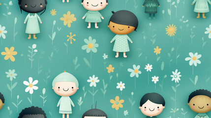 Background with seamless pattern of a childish drawing of small cheerful children
