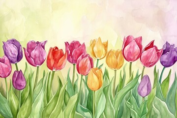Watercolor Tulips in Pastel Hues. A soft watercolor painting of tulips in delicate pastel shades.