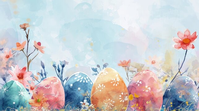 Floral Easter Eggs in Watercolor Garden. Watercolor Easter eggs among a lush backdrop of painted spring flowers.