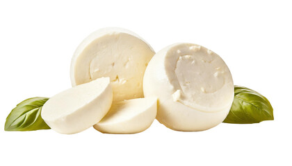 Mozzarella cheese slices with green leaves isolated on transparent background.