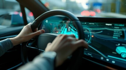 Closeup of a drivers hand pressing a on on a hightech steering wheel which triggers a virtual headsup display on the windshield with vital information about the vehicles speed - Powered by Adobe