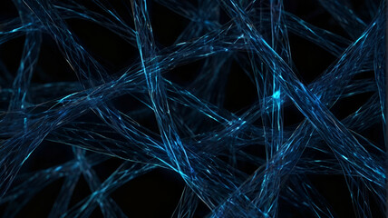 Abstract background of glowing blue mesh or interwoven lines on a dark background.generative ai
