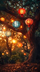 Chinese New Year Celebration A Tree Full of Lights and Lanterns Generative AI