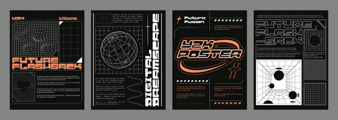 Y2k style techno banners set. Vector realistic illustration of retrowave aesthetic posters with orange text, sine wave lines and wireframe globe on black background, retro futuristic vibe flyers - obrazy, fototapety, plakaty