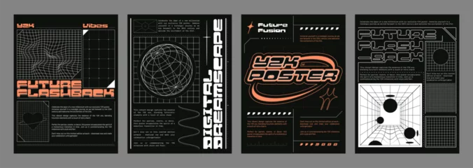 Fotobehang Y2k style techno banners set. Vector realistic illustration of retrowave aesthetic posters with orange text, sine wave lines and wireframe globe on black background, retro futuristic vibe flyers © klyaksun