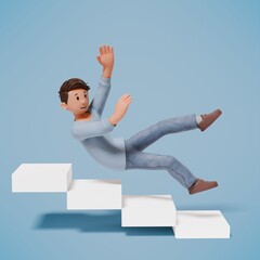 3d man character slipped and fell while going down the stairs with a blue background