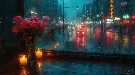 Rainy Night in the City A Vase of Roses and a Lit Candle Generative AI