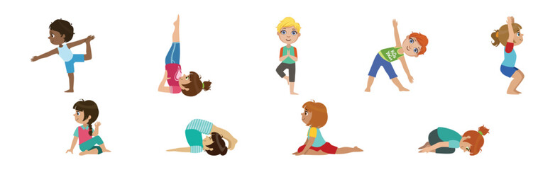 Children Doing Yoga Physical Exercises in Different Asana Vector Set