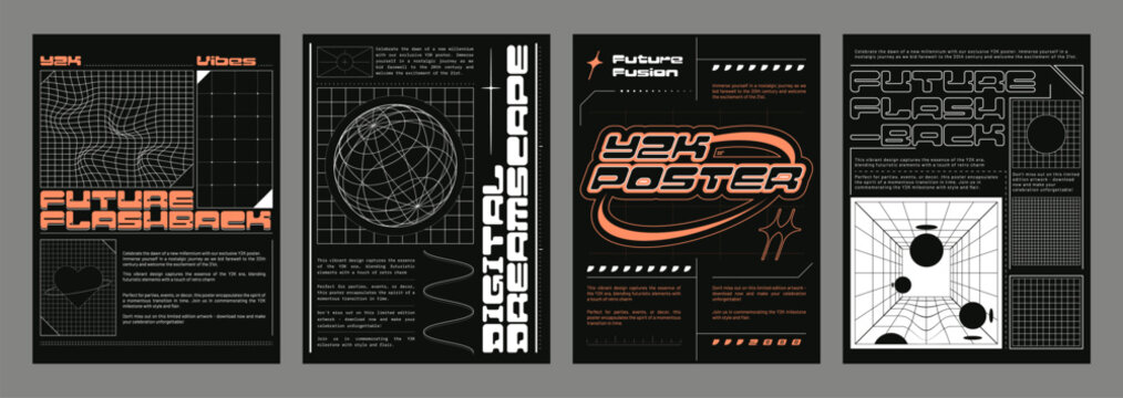 Y2k style techno banners set. Vector realistic illustration of retrowave aesthetic posters with orange text, sine wave lines and wireframe globe on black background, retro futuristic vibe flyers