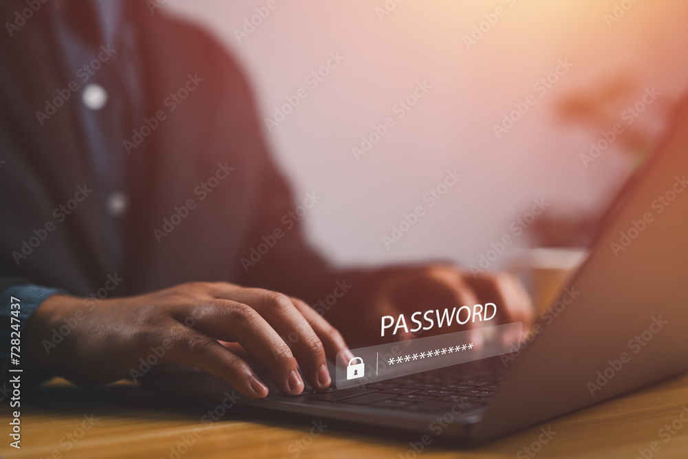 Poster cybersecurity concept Global network security technology, business people protect personal information. Encryption with a padlock icon on the virtual interface..