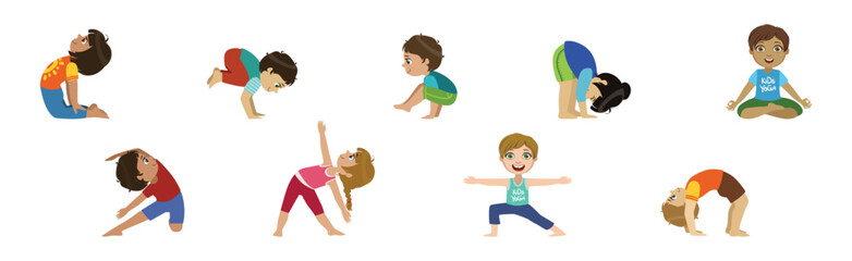 Children Doing Yoga Physical Exercises in Different Asana Vector Set
