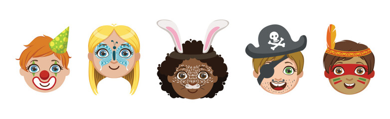 Kids With Painted Faces at Party or Festive Carnival Vector Set
