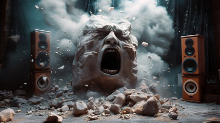 Rock music concept. Stone boulder crumbles and explodes into dust between loudspeakers - obrazy, fototapety, plakaty