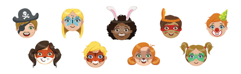 Kids With Painted Faces at Party or Festive Carnival Vector Set