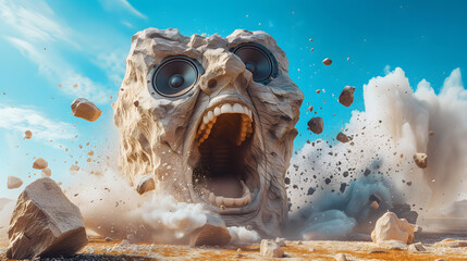 Rock music concept. Animated boulder screams and explodes with speaker eyes in desert - obrazy, fototapety, plakaty
