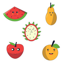 Kawai Fruit Mascot Collection. Isolated On White Background