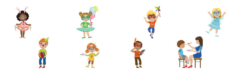 Kids With Painted Faces at Party or Festive Carnival Vector Set